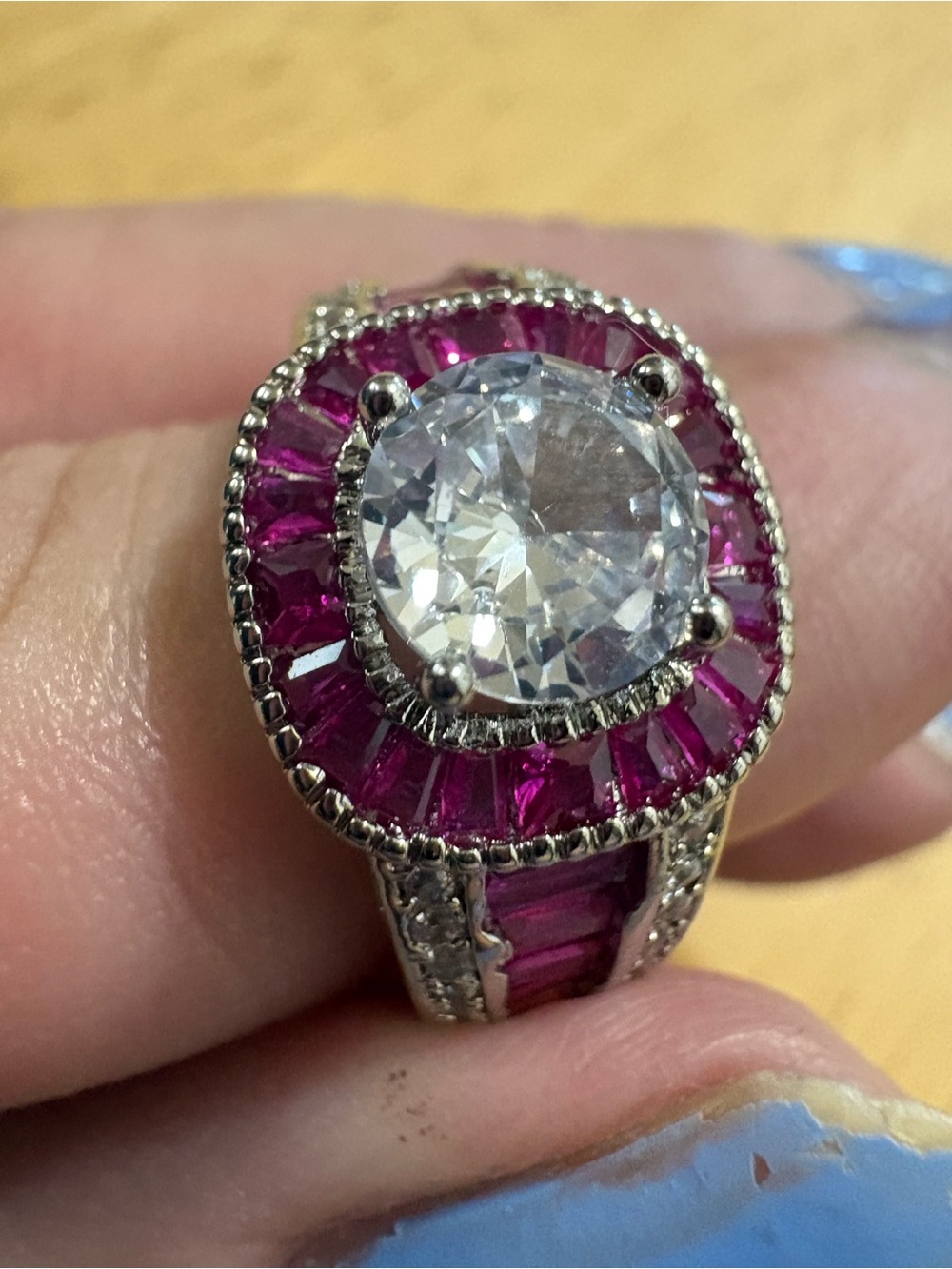 Stunning Sterling Silver CZ and Ruby Crystal ring- size 7